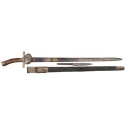 Attractive Gold Embellished Silver Fitted European Hunting Sword with Scabbard and Utility Knife