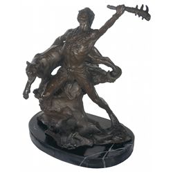 R Libin Marked Native American Indian and Mountain Lion Bronze