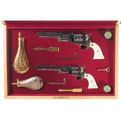 Exquisite Cased Set of Two Leonard Francolini Signed Engraved and Gold Inlaid Second Generation Colt
