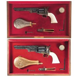 Cased Set of Two Howard Dove Master Engraved Second Generation Colt Percussion Revolvers with Ivory 