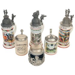 Six German Military Steins, With Imperial and Nazi German Decoration