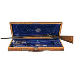 Magnificent Cased Finely Engraved and Gold Inlaid Exhibition Grade N. Guyot Paris Double Barrel 20 G