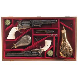 Cased Set of Two Boxed Factory Engraved Gold Inlaid Second Generation Colt Percussion Revolvers with