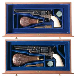 Two Cased Engraved and Gold Inlaid Colt Second Generation Percussion Revolvers with Ivory Grips, Fac