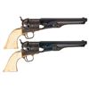 Image 1 : Fine Historic Matched Pair of Colt Model 1861 Navy Revolvers with Ivory Grips and Elaborate Double C