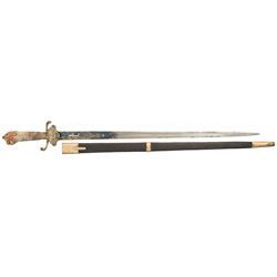 Highly Attractive Gold Accented Royal Quality German Hunting Sword with Carved Jaedite Hilt and Bull