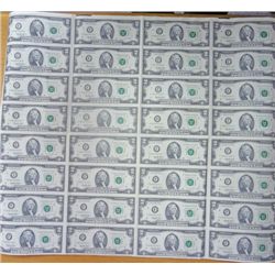 32 COUNT UNCUT SHEET OF 1995 $2.00 BILLS