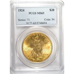 1924 $20.00 St. GAUDENS GOLD COIN, PCGS    MS-63  NICE!