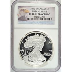 2012 AMERICAN SILVER EAGLE, PROOF 70, DEEP CAMEO  FIRST STRIKE