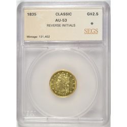 1835 $2.50 GOLD CLASSIC SEGS AU53 (REV INITIALS)
