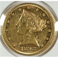 1892 $5 GOLD LIBERTY XF