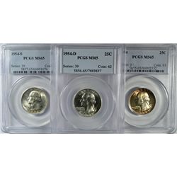 1954 PCGS MS65, 1954D PCGS MS65 & 1954-S PCGS MS65 WASHINGTON QUARTERS