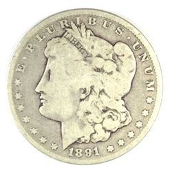 1891-CC MORGAN SILVER DOLLAR, VG+
