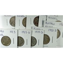 10 BUFFALO NICKELS (19-S,20-D,20-S,21,23,23-S,24,24-D,25,25-D) AG-FINE