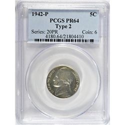 1942 T2 PROOF JEFFERSON NICKEL PCGS PR64