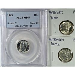 1943 MS64, 1943 PCGS MS65 & 1943-D MS65 MERCURY DIMES