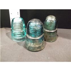 Three Vintage Turquoise Hemingray Electrical Glass Insulators