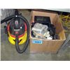 Image 1 : Box of assorted tools and a small wet/dry shop vac