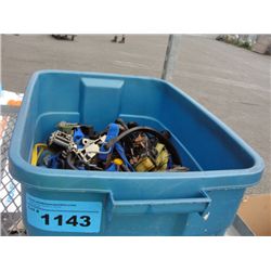 Blue rubbermaid container filled with rachet tie