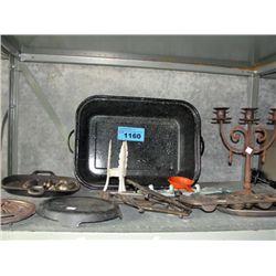 Shelf lot of assorted metal wares; candle holders