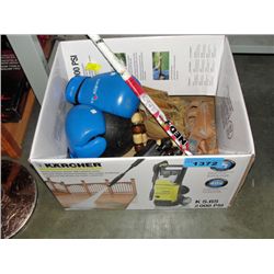 Box of assorted sports equipment; boxing gloves