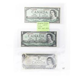 3 canadian one dollar bank notes last 3 issues