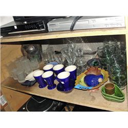 Shelf lot of cups, saucers, glasses, etc