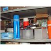 Image 1 : shelf lot of misc items; light fixture, thermoses