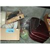 Image 1 : Shelf lot of misc items; burgandy suitcase, norman