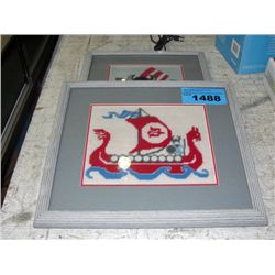 2 framed stitched viking prints