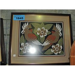 Framed stitched cloth print - tropical parrots