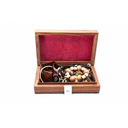 Wood with brass inlaid jewelry box and contents