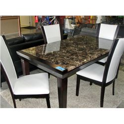 Faux granite top dining table with 4 white leather