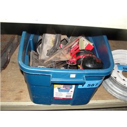Blue rubbermaid container filled with tools hard