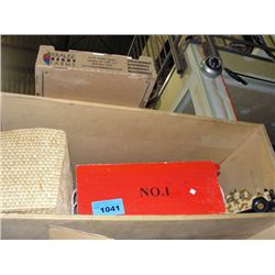 Wooden #1 box, toy hummer and a woven grass basket