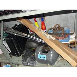 Shelf lot of tools and misc; welders helmet, golf