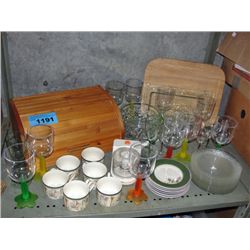 Shelf lot of misc; glassware, breadbox, cups,