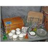 Image 1 : Shelf lot of misc; glassware, breadbox, cups,