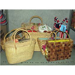 Shelf lot of assorted hand crafted woven hand bags