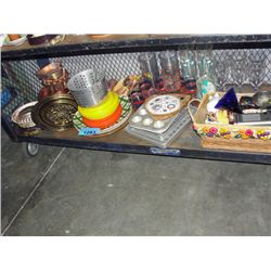 Shelf lot of assorted household items; dishware