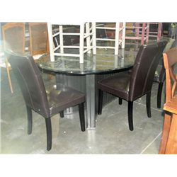 Heavy bevelled glass top dining table with 6 brown