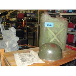 Military gas can, vintage army helmet and pioneer