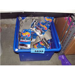 Blue plastic storage bin filled with assorted