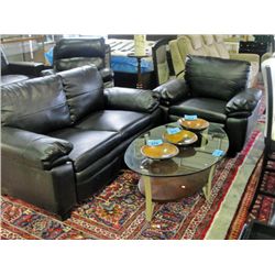 2pc black leather contemporary sofa and chair set