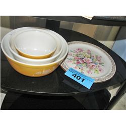 Fine porcelain plate and 3pc vintage mixing bowl