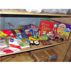 Shelf lot of assorted toys and games