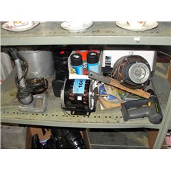 Shelf lot of misc; tools, electric motors, etc