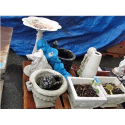 Pallet lot of cement garden ornaments and planters