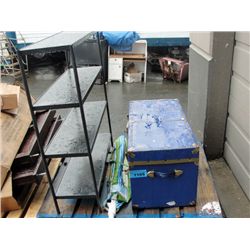 Pallet lot of misc; metal trunk, metal shelf unit