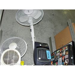 Shelf lot of assorted fans heaters and collectors